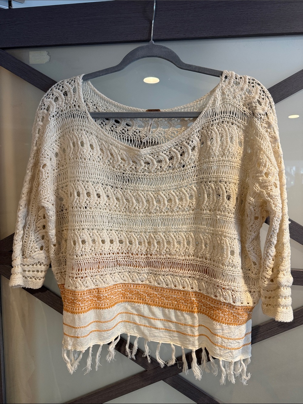 Free People Cream Crochet Fringe Knit Top